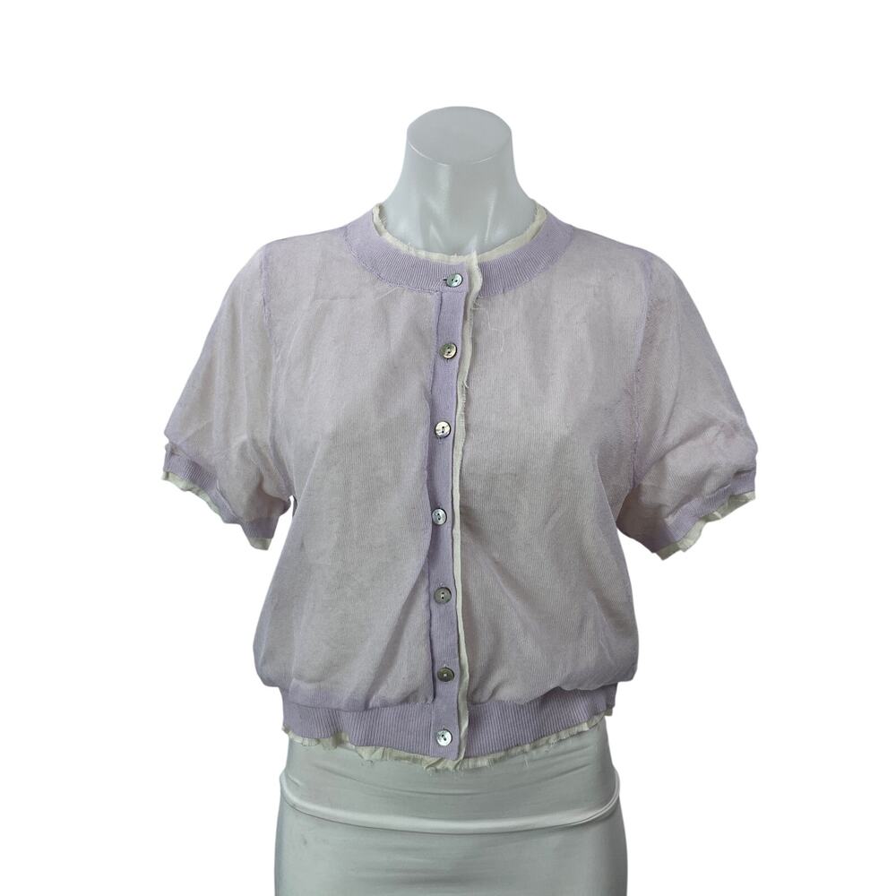 Zara Lilac Purple Linen Crew Neck Short Sleeve Button Down Cardigan Sweater S